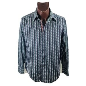 Robert Graham Mens Sz M L/S Striped Flip Cuff Shirt Full Front Embroidered EUC